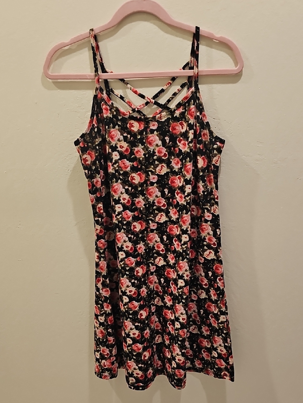 Xhilaration Black Mini Dress with Pink Rose Print